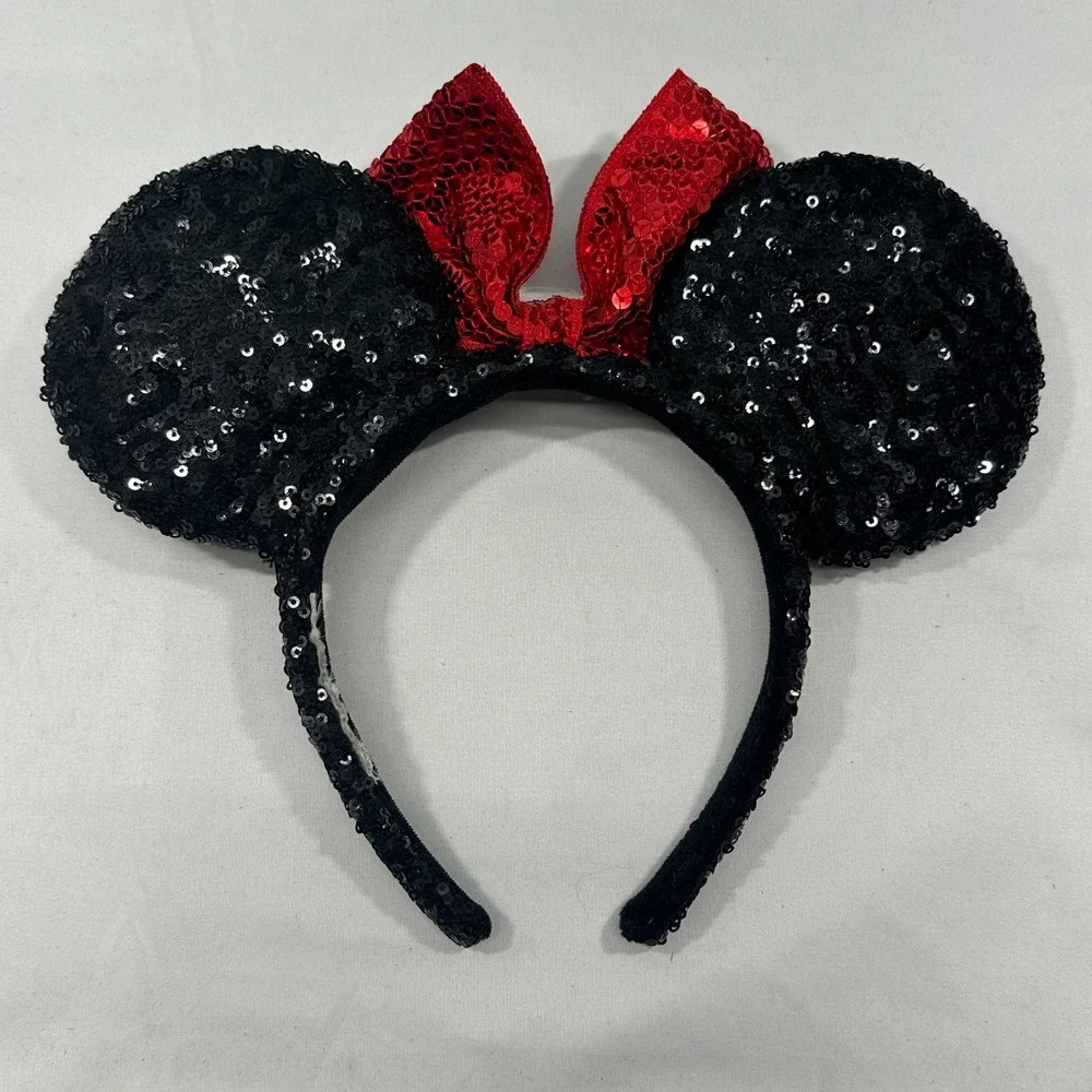 Disney Minnie Mouse‎ Sequin Ears Headband Black with Red Sequin Bow Accessory